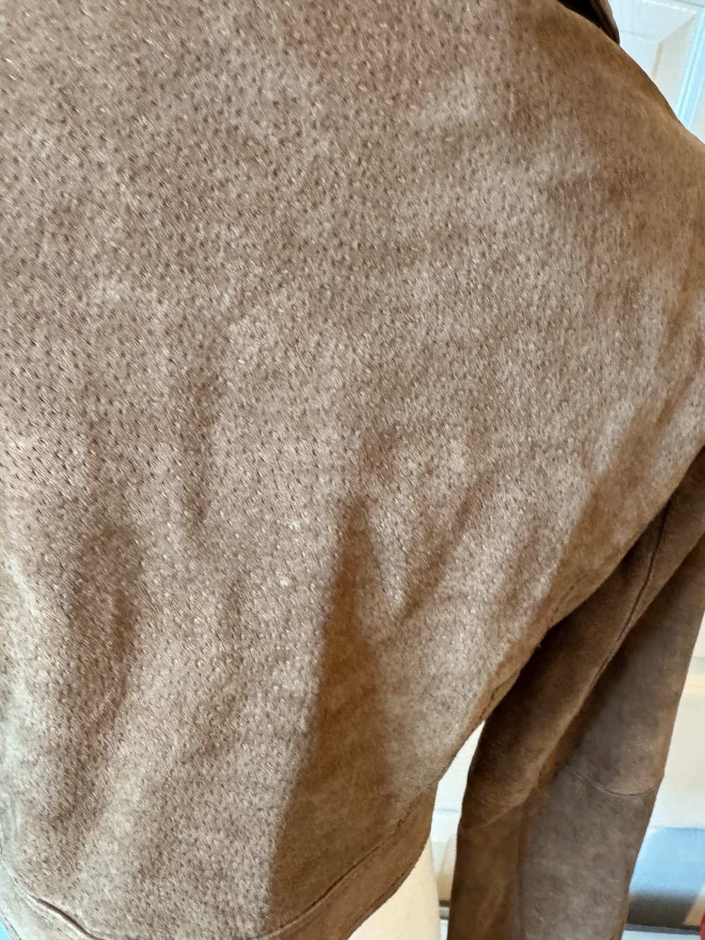 Women's Brown Ruffled Zip-Front Leather Jacket - Picture 5 of 9